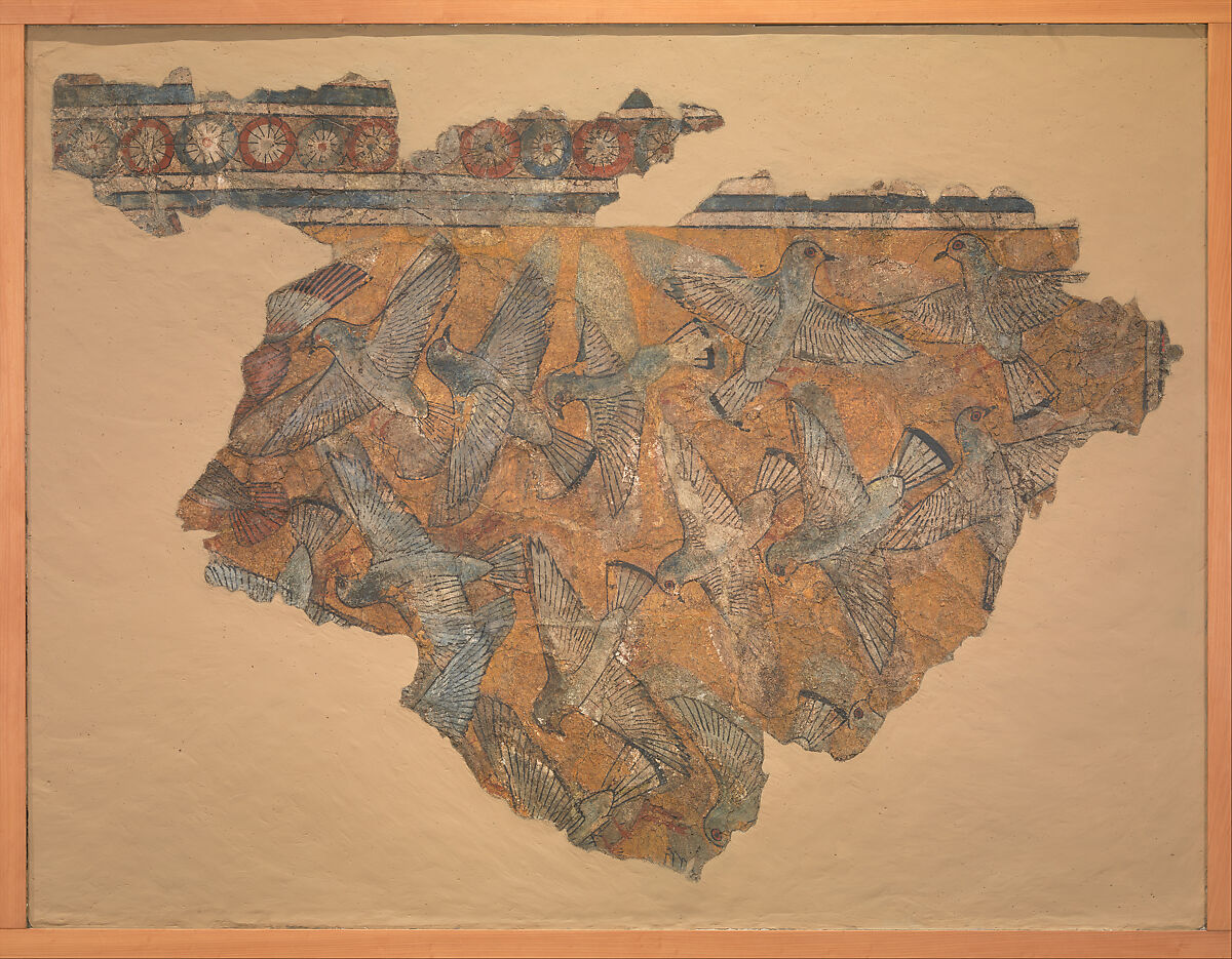 Ceiling Fragment Depicting Pigeons in Flight, Mud plaster, paint 