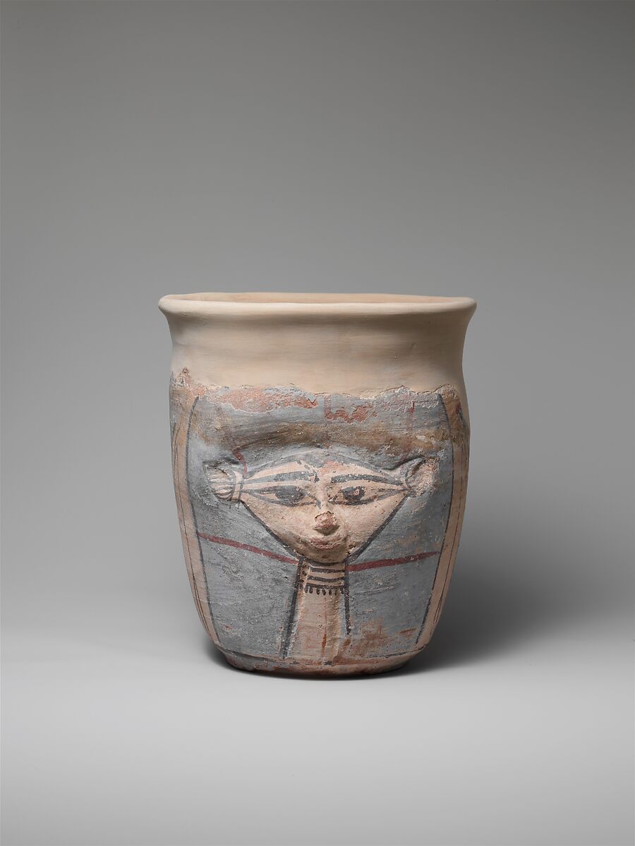 Neck of a Wide-Mouthed Hathor Jar, pottery, slip, paint 