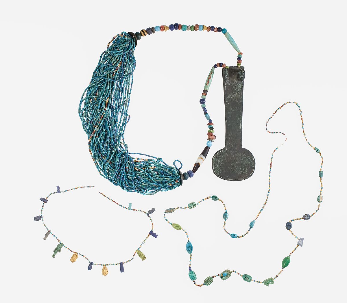 Menat necklace from Malqata, Faience, bronze or copper alloy, glass, agate, carnelian, lapis lazuli, turquoise