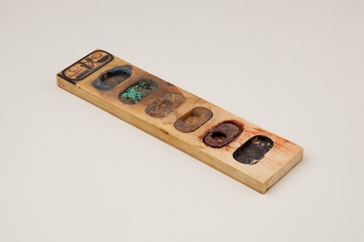 Painter's Palette Inscribed with the Name of Amenhotep III, Ivory, pigment
