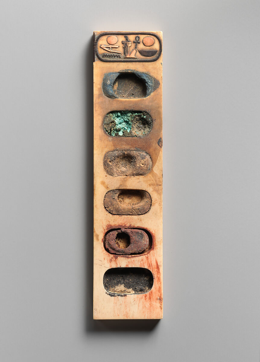 Painter's Palette Inscribed with the Name of Amenhotep III, Ivory, pigment