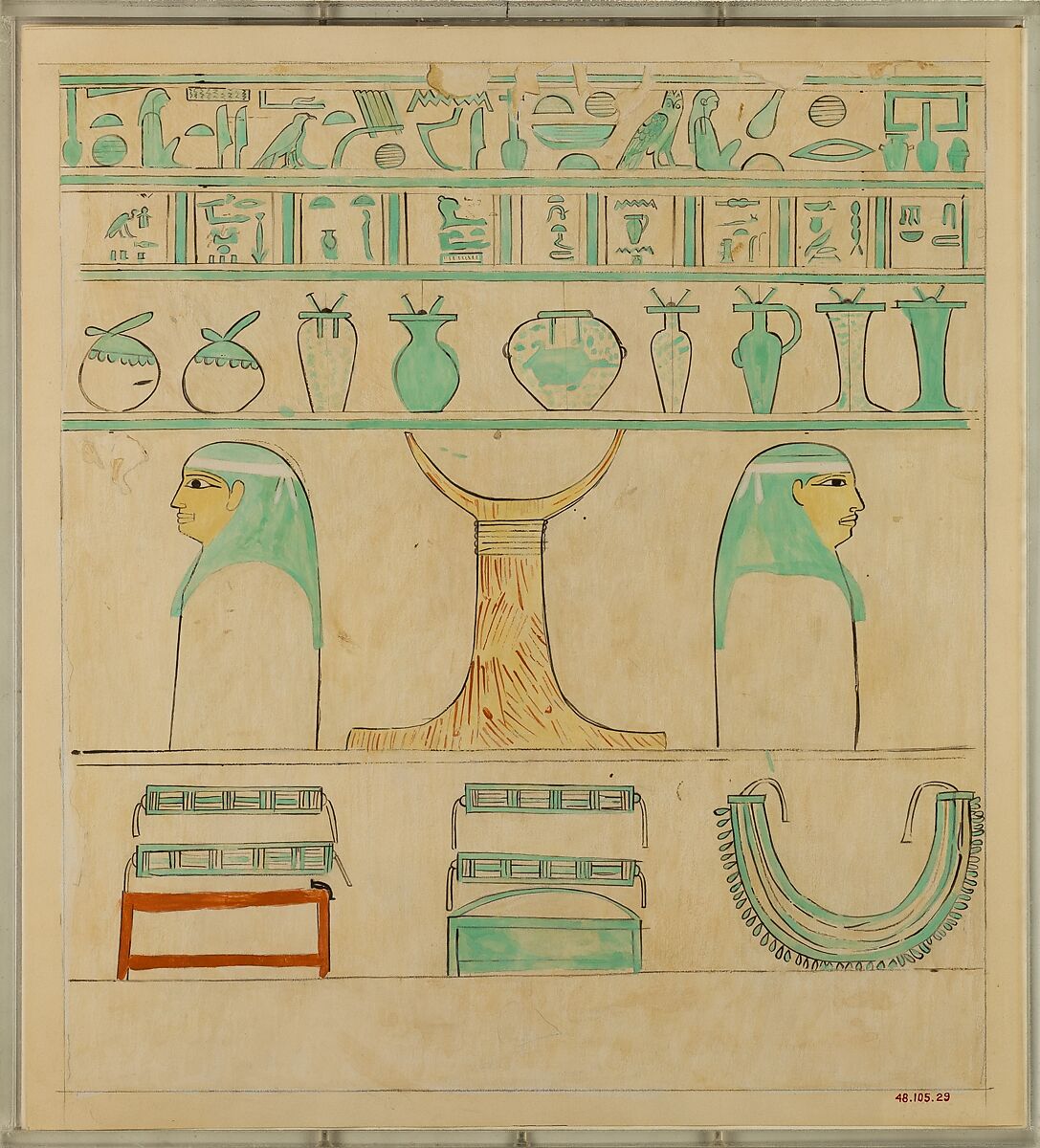 Facsimile of the painting at the head end of the sarcophagus of Aashyt, Charles K. Wilkinson, Tempera on paper 