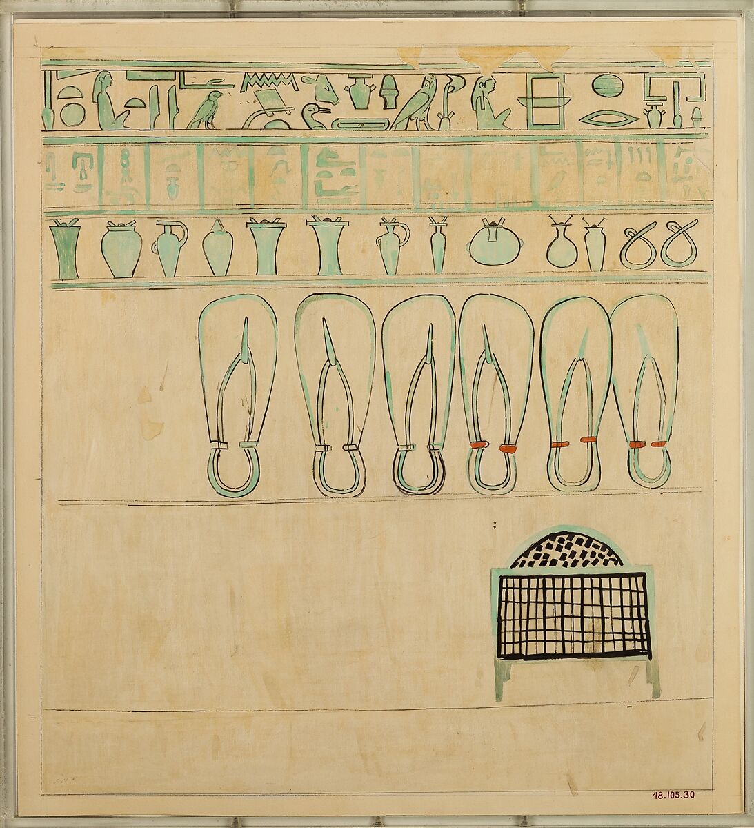 Facsimile of the painting on the inside of the foot end of the sarcophagus of Aashyt, Charles K. Wilkinson, Tempera on paper 