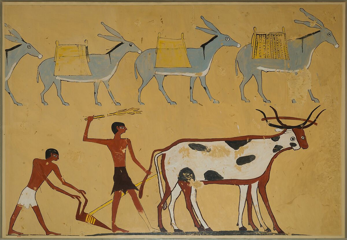 Laden Donkeys and Ploughing, Tomb of Djar, Nina de Garis Davies (1881–1965), Paper, tempera paint, ink 