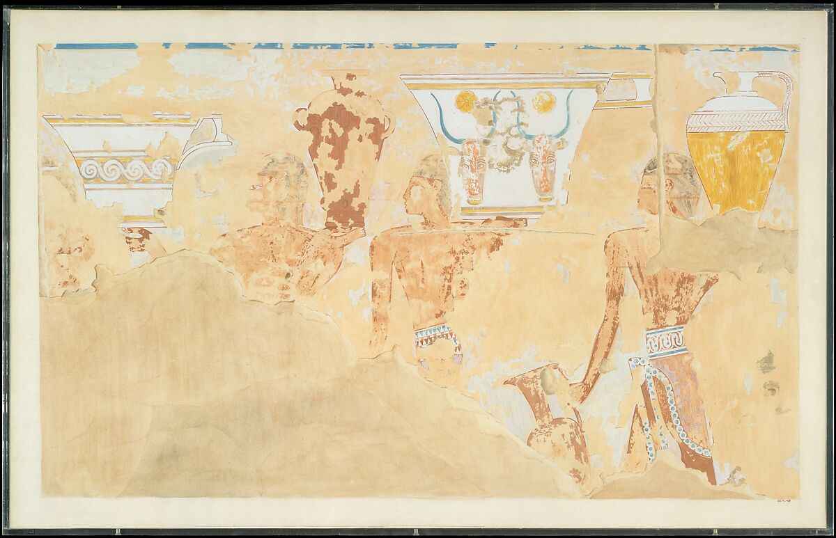 Fragmentary Scene of Foreigners, Tomb of Senenmut, Nina de Garis Davies (1881–1965), Tempera on paper 