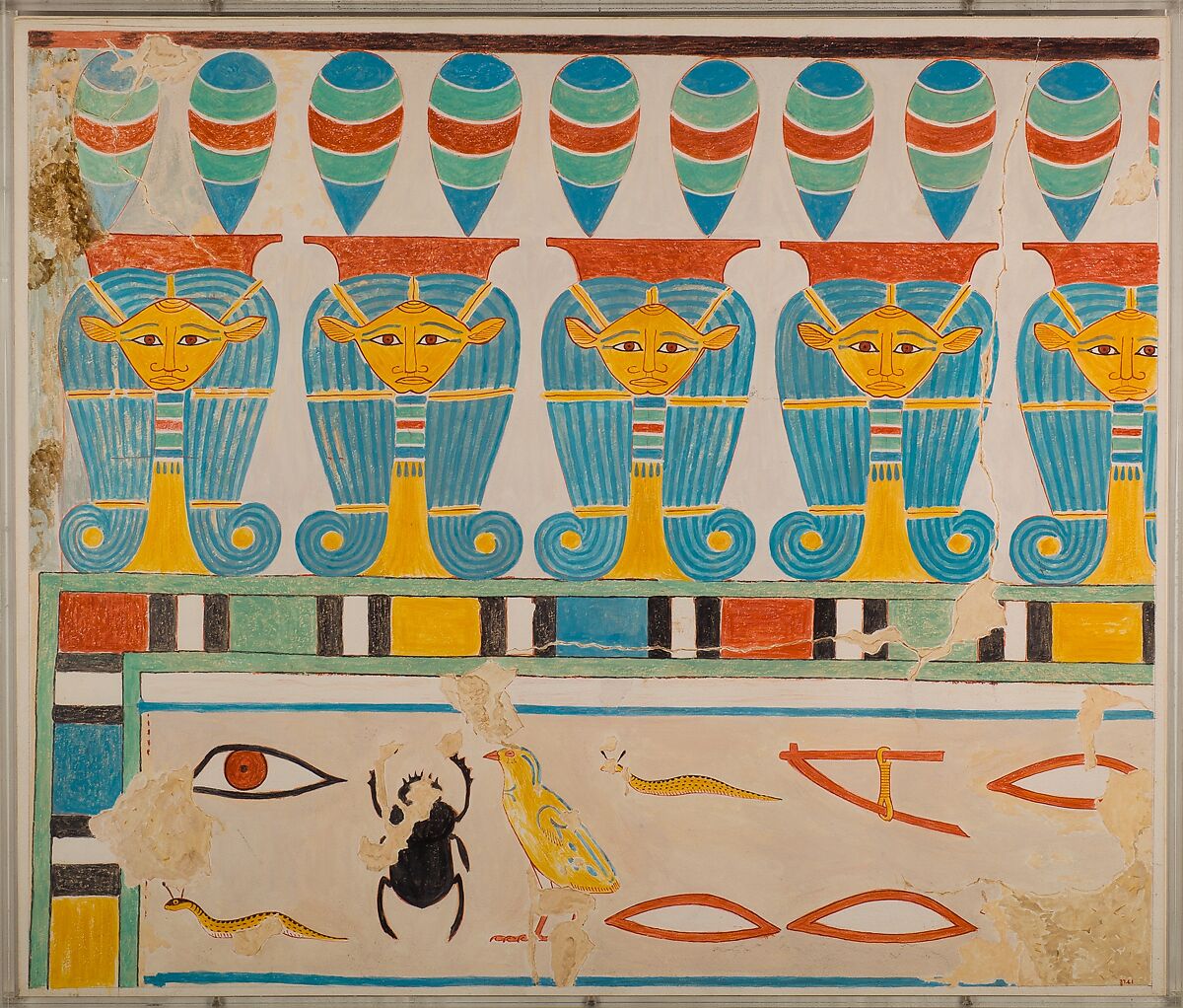 Painted Restoration of the Hathor-Head Frieze in the Tomb of Senenmut, Nina de Garis Davies (1881–1965), Tempera on paper 