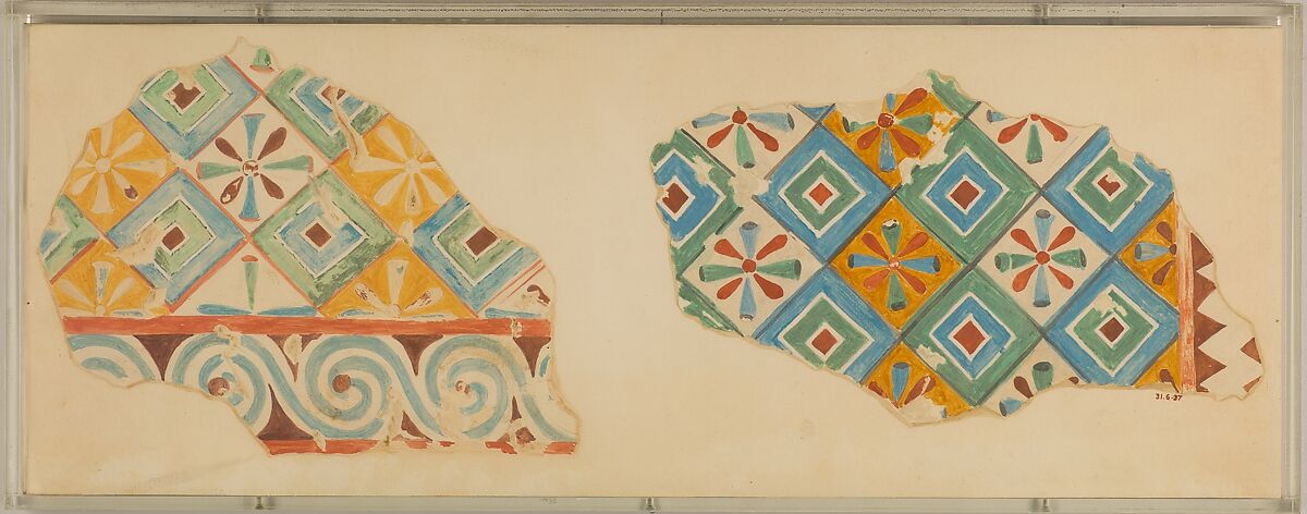 Two Fragments of Ceiling Patterns, Tomb of Senenmut, Nina de Garis Davies (1881–1965), Tempera on paper 