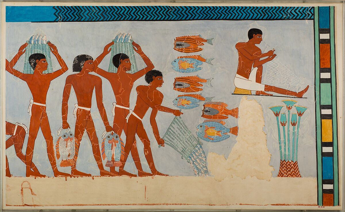 Facsimile: Scene of Fish Preparation and Net Making, Nina or Norman de Garis Davies (probably Norman), Tempera on paper 