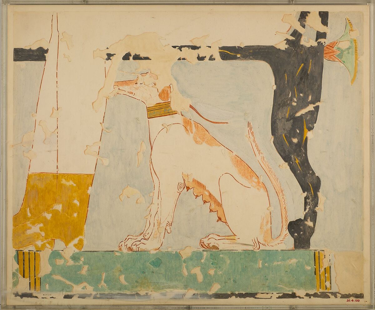 Facsimile of a painting in the tomb of Nebamun: dog seated beneath Its owner's chair, Charles K. Wilkinson, Tempera on Paper 