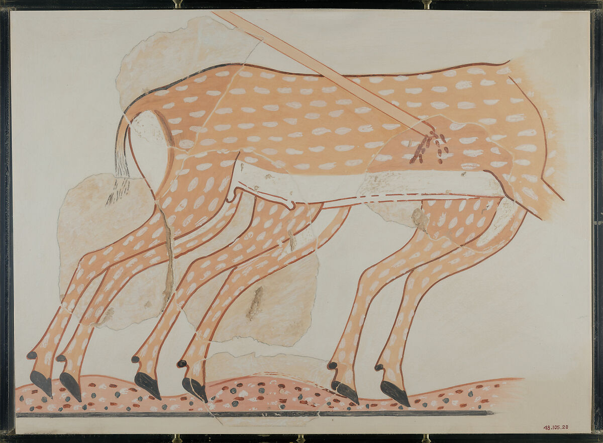 Fragment of a Hunting Scene, Tomb of Intef, Nina de Garis Davies (1881–1965), Tempera on paper 