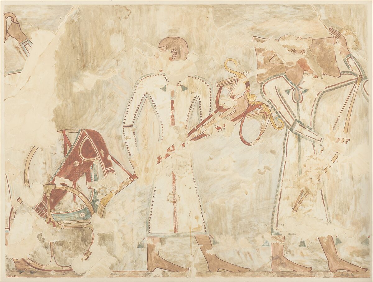 Syrians Bringing an Ingot and a Chariot, tomb of Rekhmire, Nina de Garis Davies (1881–1965), Paper, tempera paint, ink 