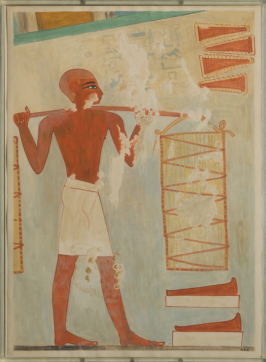 Man Carrying Loaves, Tomb of Rekhmire, Nina de Garis Davies (1881–1965), Paper, tempera paint, ink 