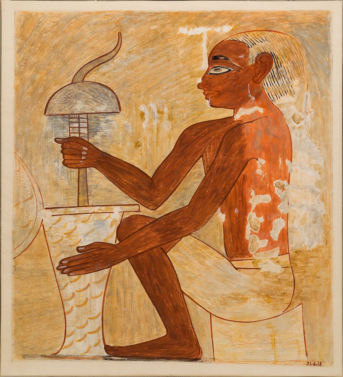 Drilling a Stone Vase, Tomb of Rekhmire, Nina de Garis Davies (1881–1965), Paper, tempera paint, ink 