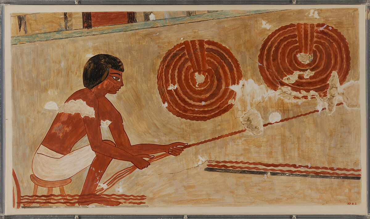 Man Making Leather Rope, Tomb of Rekhmire, Nina de Garis Davies (1881–1965), Tempera on paper 
