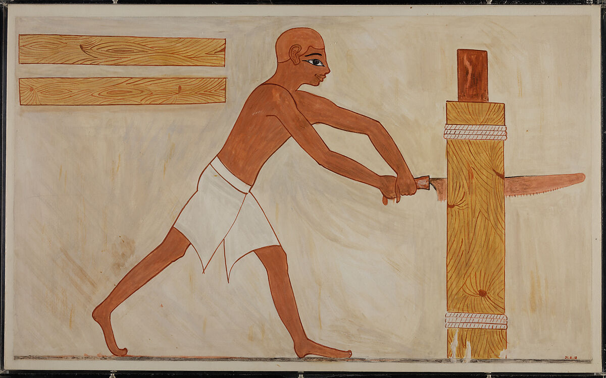Sawing a Plank, Tomb of Rekhmire, Nina de Garis Davies (1881–1965), Paper, tempera paint, ink 