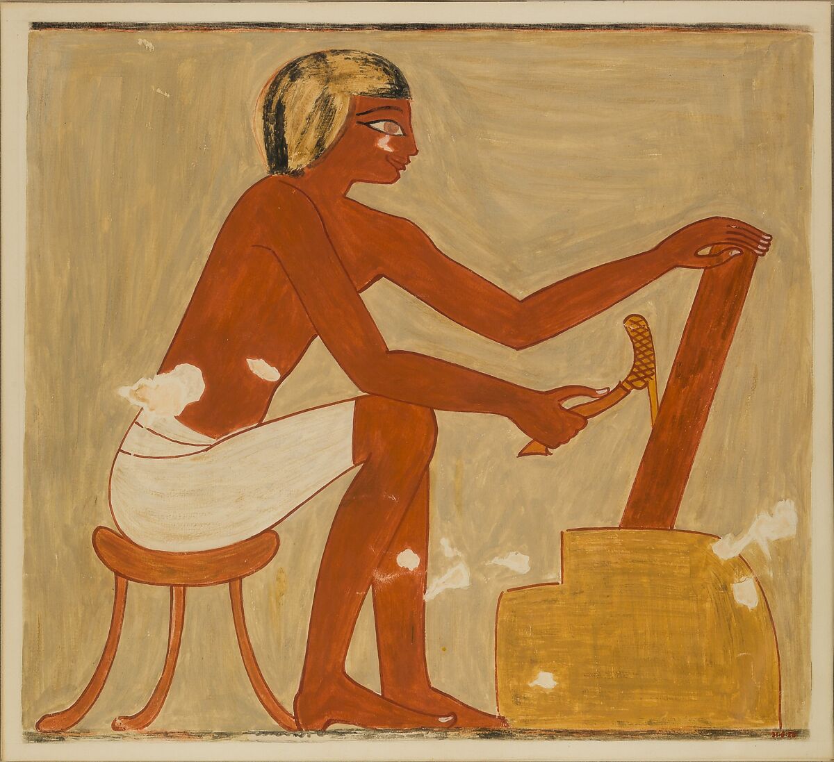 Trimming Wood with an Adze, Tomb of Rekhmire, Nina de Garis Davies (1881–1965), Paper, tempera paint, ink 