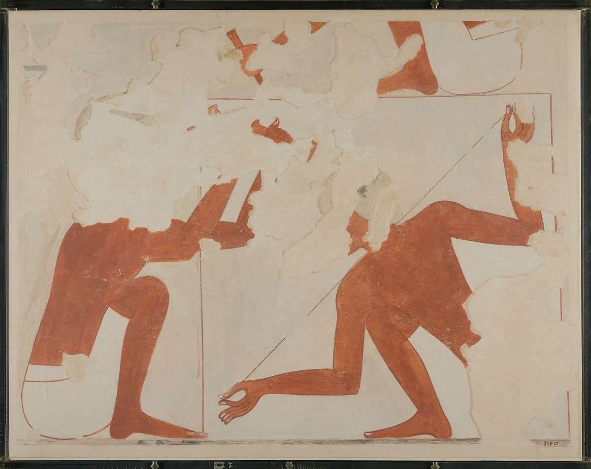 Stone Masons Sqaring a Block, Tomb of Rekhmire, Nina de Garis Davies (1881–1965), Paper, tempera paint, ink 
