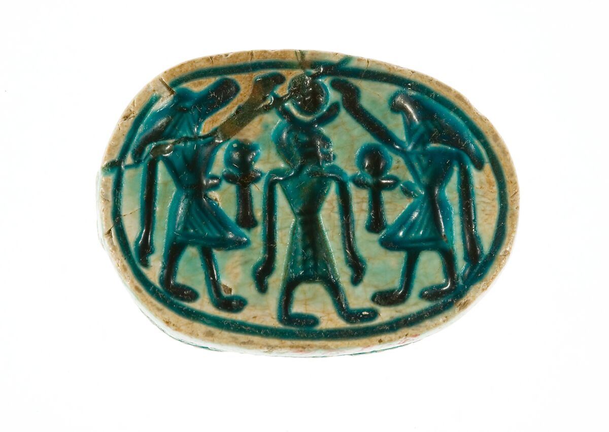 Scarab with a Solar/Lunar Deity (?) Protected by Two Animal Headed Figures, Steatite (glazed) 