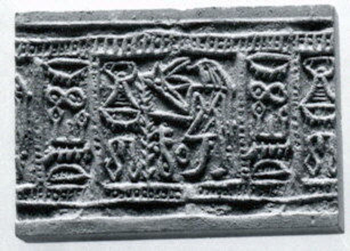 Cylinder seal with falcon headed figure, Steatite (glazed)