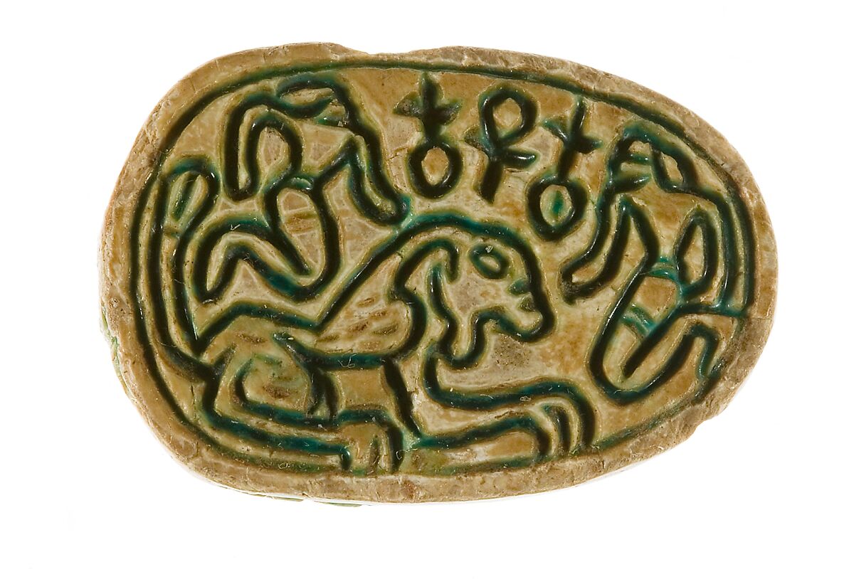 Canaanite Scarab with Two Men and a Lion, Steatite (glazed) 