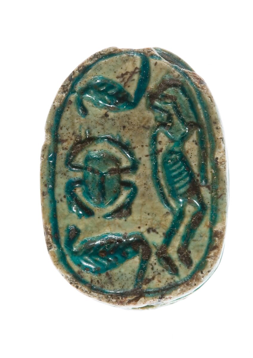Canaanite Scarab Showing a Prostrate Man under Two Cobras and a Scarab (Emblems of a Ruler), Steatite (glazed) 