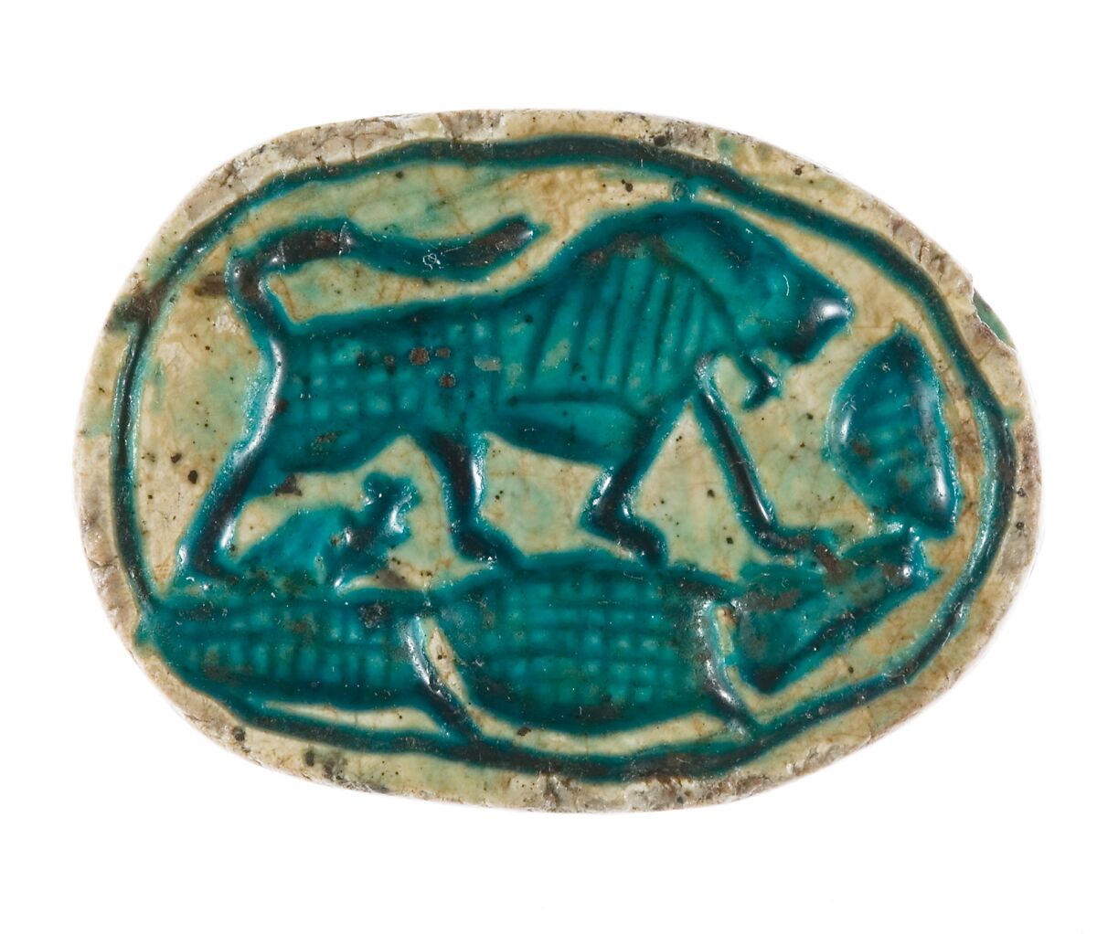 Canaanite Scarab with a Lion over a Crocodile, Steatite 