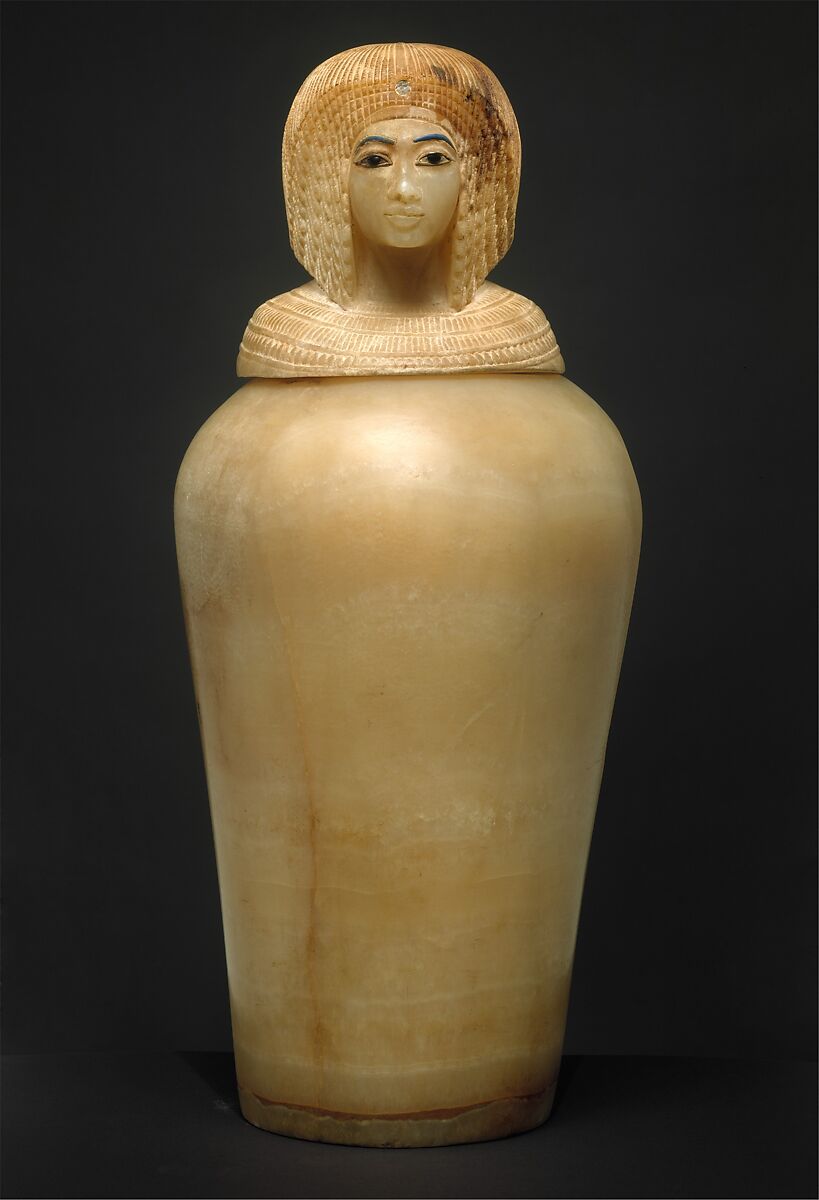 Canopic Jar (07.226.1) with a Lid Depicting a Queen (30.8.54), Travertine (Egyptian alabaster), blue glass, obsidian, unidentified stone