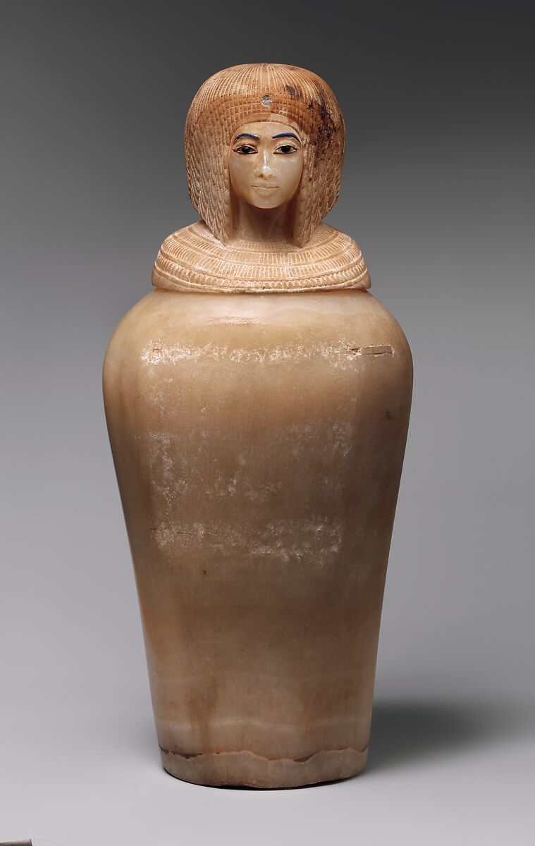 Canopic Jar (07.226.1) with a Lid Depicting a Queen (30.8.54), Travertine (Egyptian alabaster), blue glass, obsidian, unidentified stone