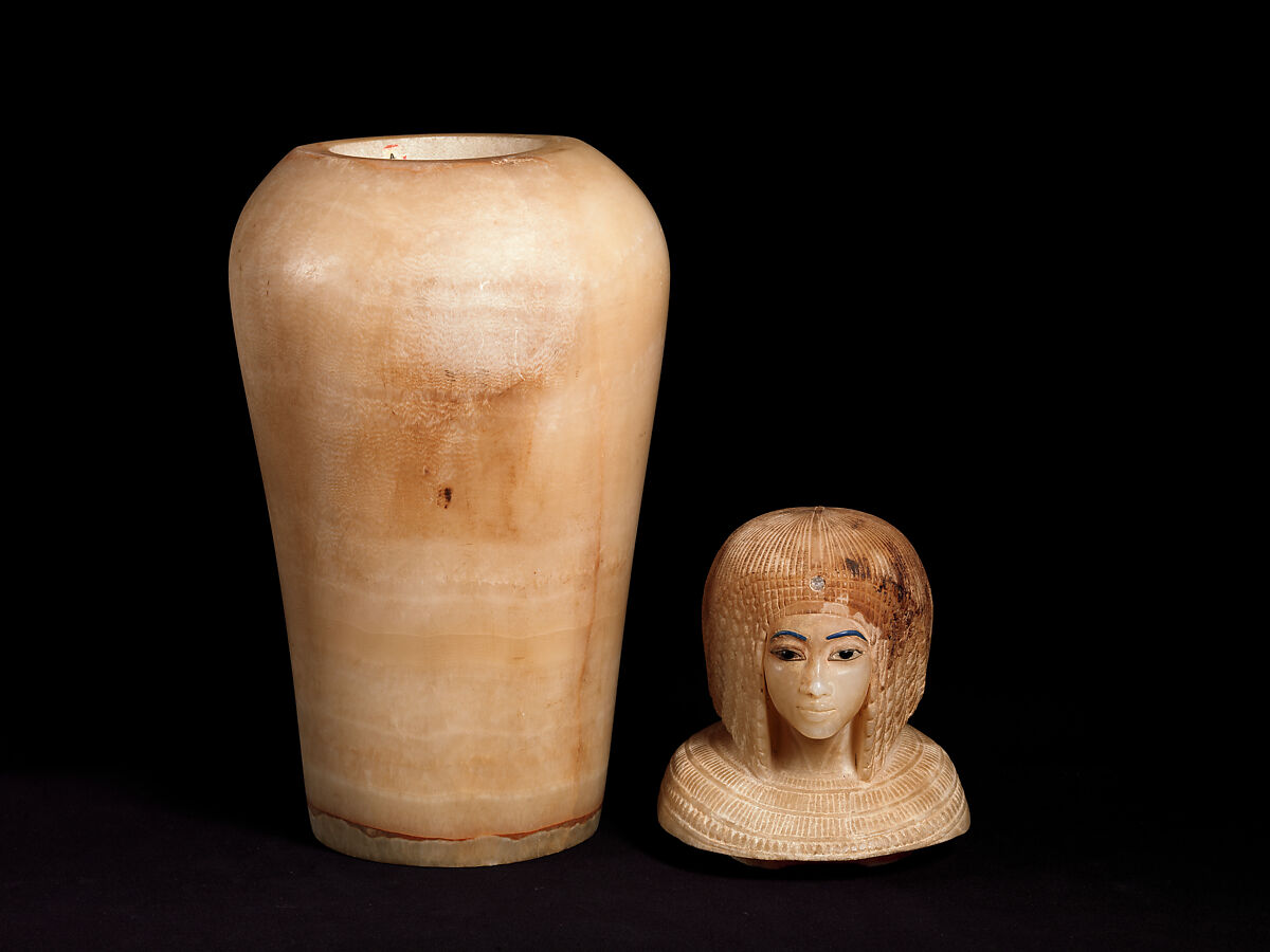 Canopic Jar (07.226.1) with a Lid Depicting a Queen (30.8.54), Travertine (Egyptian alabaster), blue glass, obsidian, unidentified stone