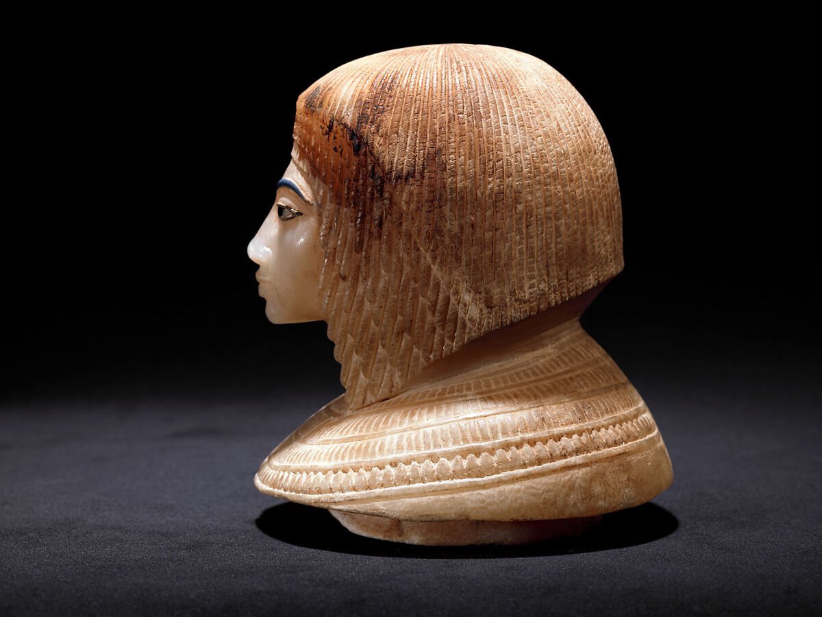 Canopic Jar (07.226.1) with a Lid Depicting a Queen (30.8.54), Travertine (Egyptian alabaster), blue glass, obsidian, unidentified stone