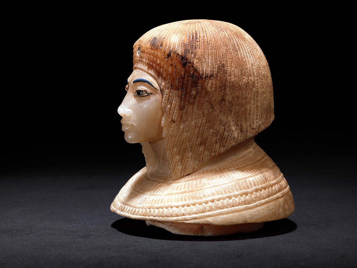 Canopic Jar (07.226.1) with a Lid Depicting a Queen (30.8.54), Travertine (Egyptian alabaster), blue glass, obsidian, unidentified stone