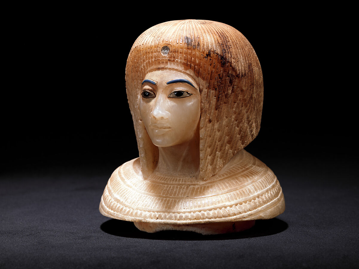 Canopic Jar (07.226.1) with a Lid Depicting a Queen (30.8.54), Travertine (Egyptian alabaster), blue glass, obsidian, unidentified stone