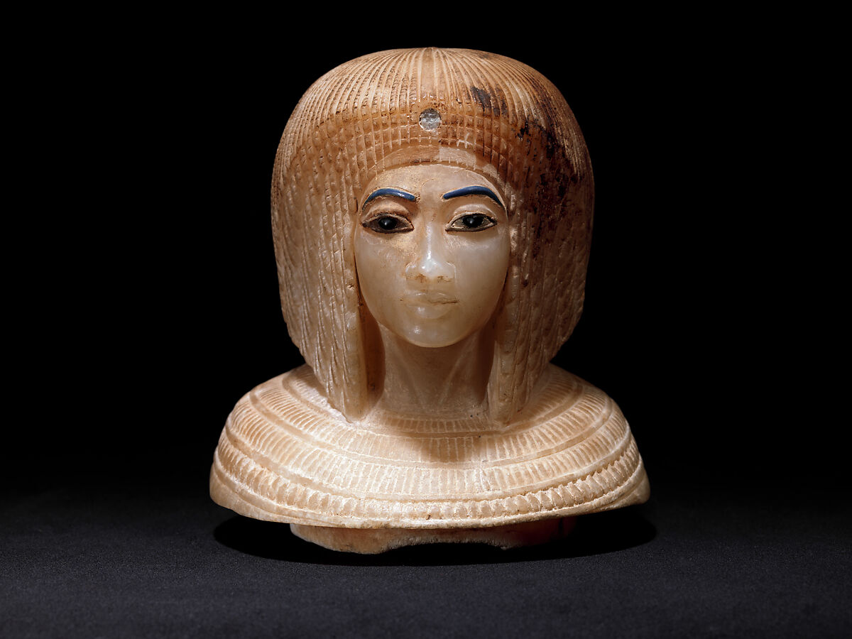Canopic Jar (07.226.1) with a Lid Depicting a Queen (30.8.54), Travertine (Egyptian alabaster), blue glass, obsidian, unidentified stone