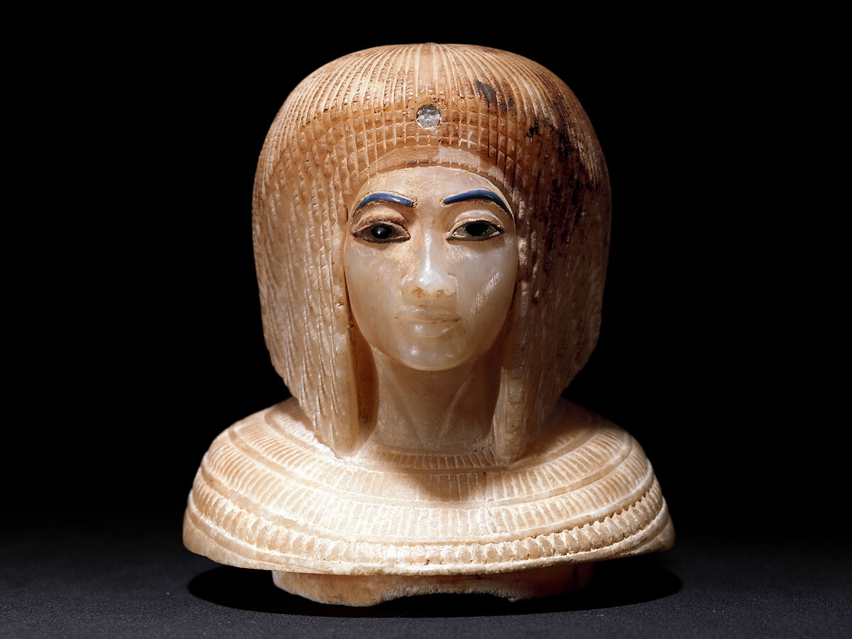 Canopic Jar (07.226.1) with a Lid Depicting a Queen (30.8.54), Travertine (Egyptian alabaster), blue glass, obsidian, unidentified stone