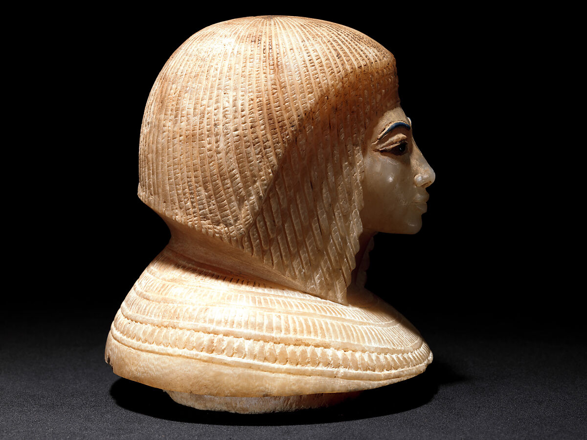 Canopic Jar (07.226.1) with a Lid Depicting a Queen (30.8.54), Travertine (Egyptian alabaster), blue glass, obsidian, unidentified stone