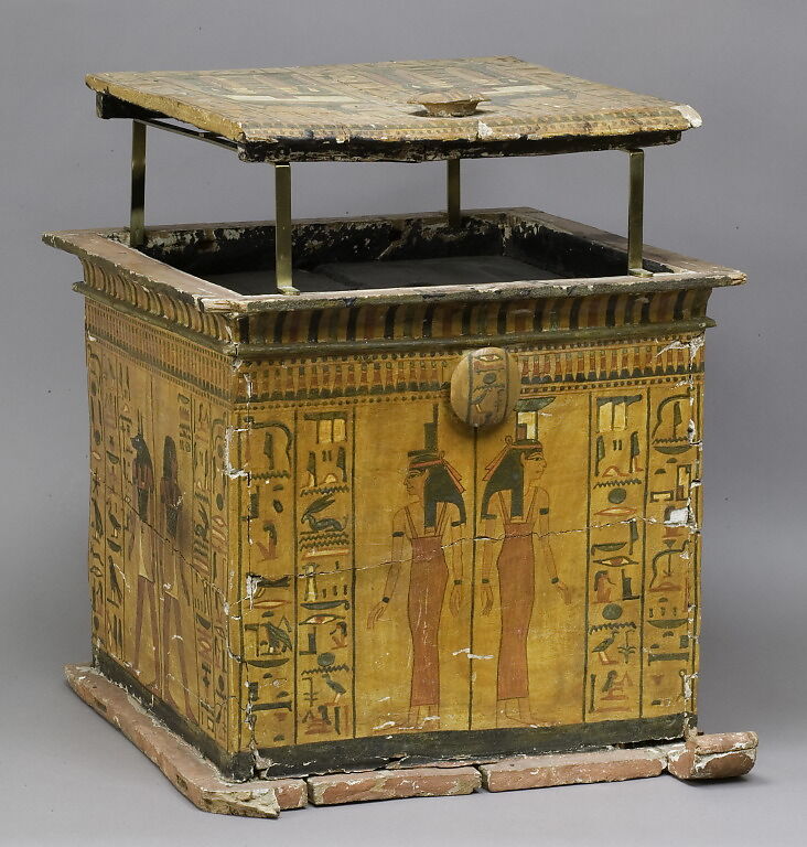 Canopic Chest of Khonsu, Wood, gesso, paint, varnish, linen string 