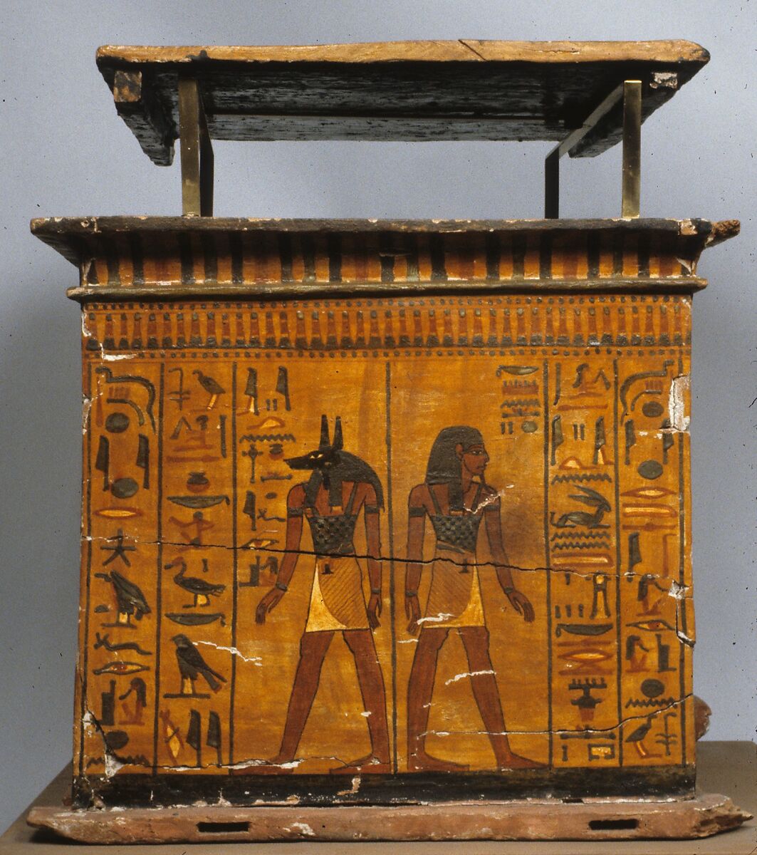 Canopic Chest of Khonsu, Wood, gesso, paint, varnish, linen string