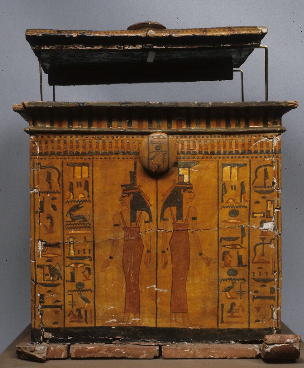 Canopic Chest of Khonsu, Wood, gesso, paint, varnish, linen string