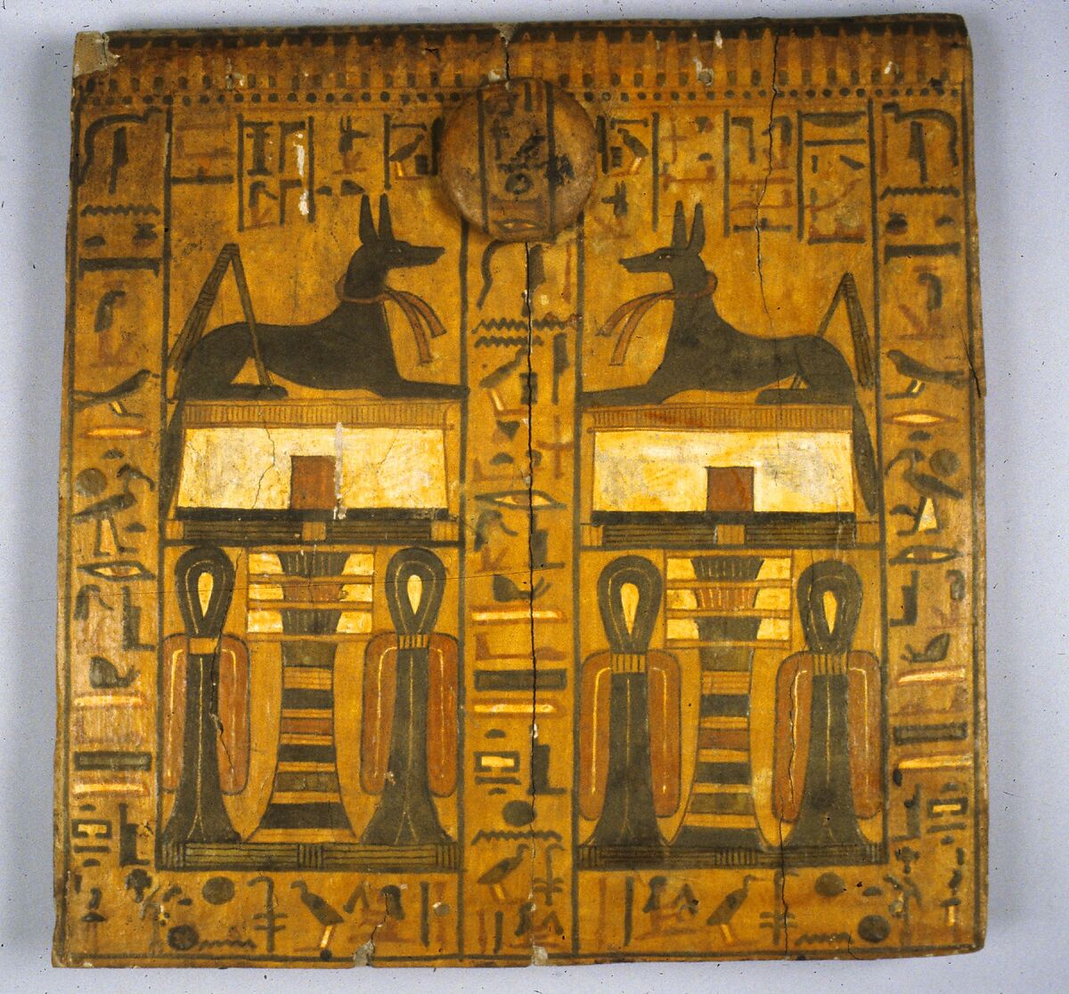 Canopic Chest of Khonsu, Wood, gesso, paint, varnish, linen string