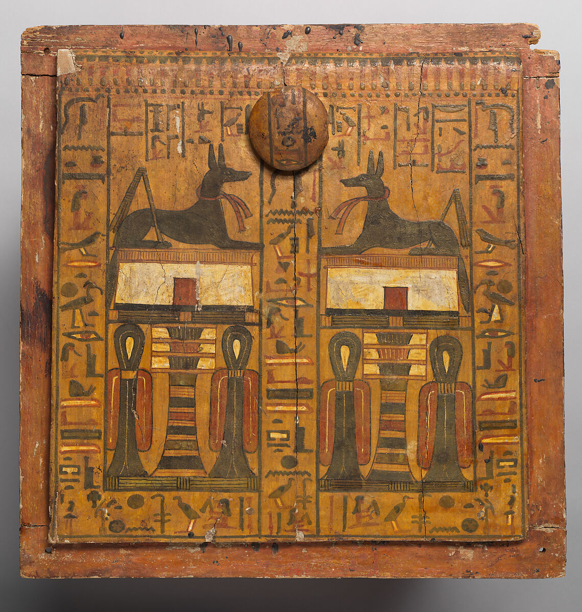 Canopic Chest of Khonsu, Wood, gesso, paint, varnish, linen string