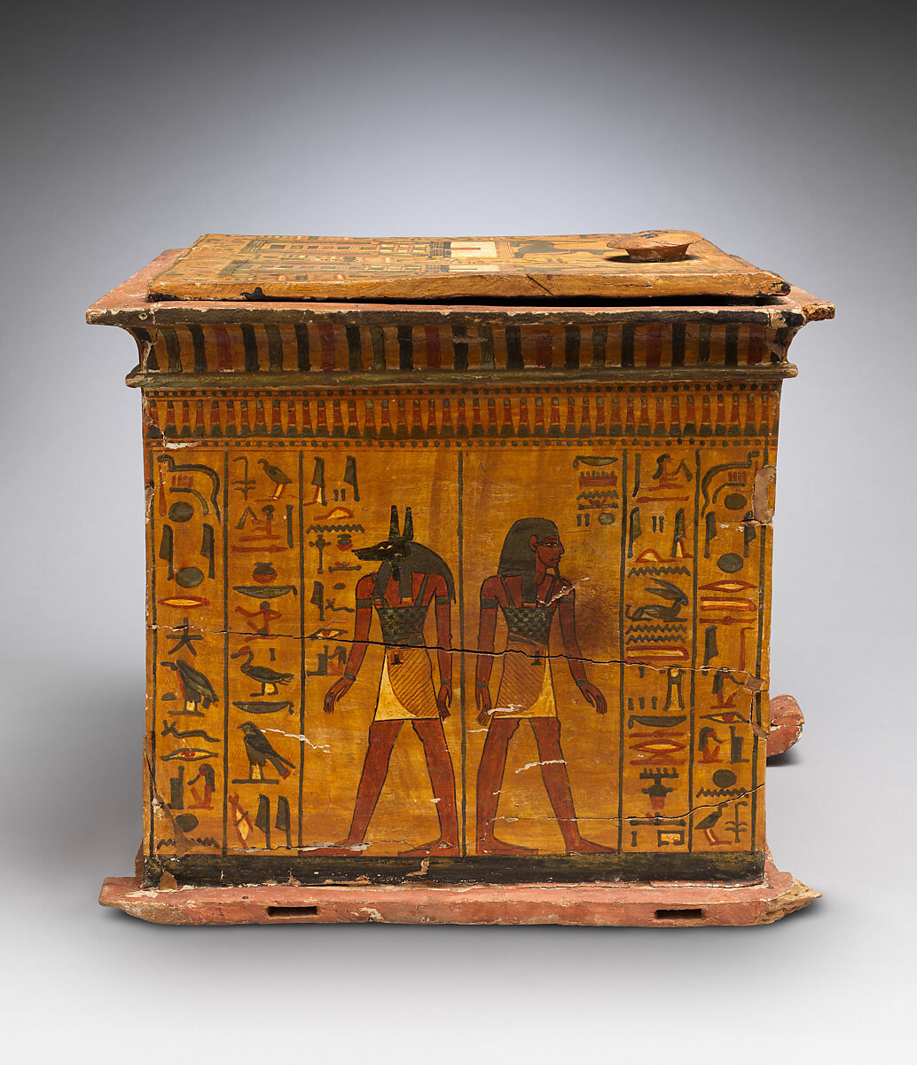 Canopic Chest of Khonsu, Wood, gesso, paint, varnish, linen string