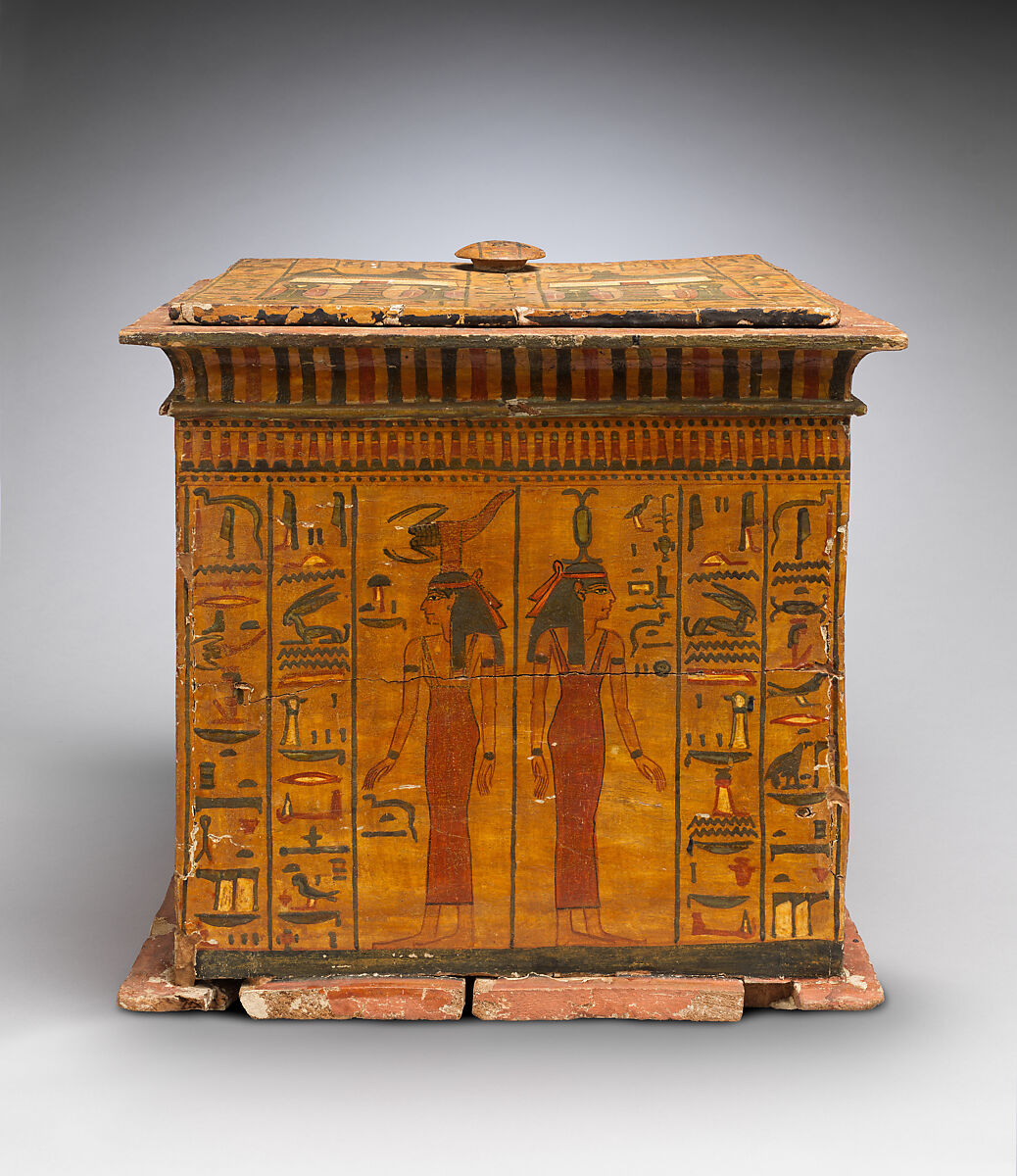 Canopic Chest of Khonsu, Wood, gesso, paint, varnish, linen string