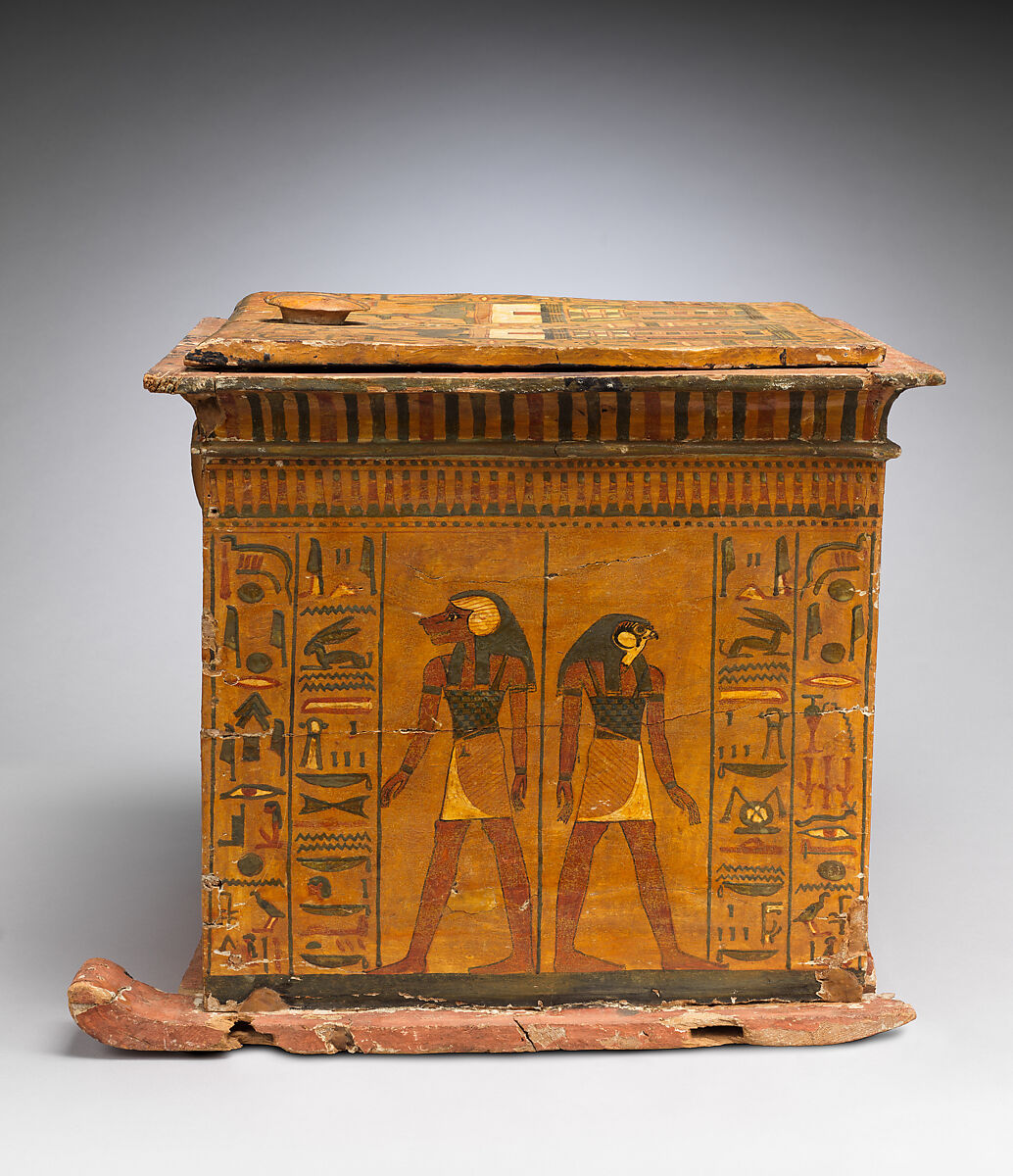 Canopic Chest of Khonsu, Wood, gesso, paint, varnish, linen string