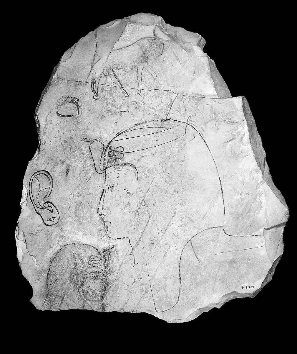Ostracon With a Royal Head, Limestone, ink