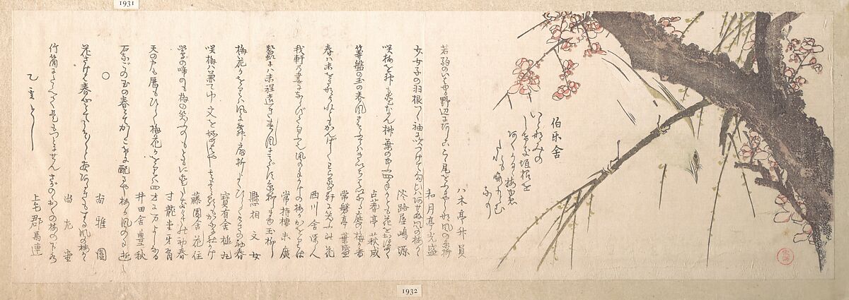 Plum Blossom, Kubo Shunman (Japanese, 1757–1820), Woodblock print (surimono); ink and color on paper, Japan 