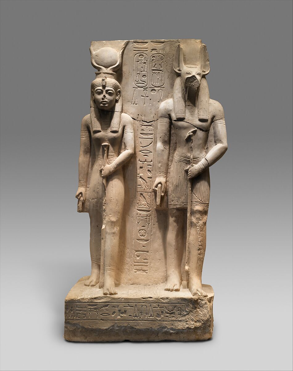 Isis and Wepwawet, god of Asyut, with the name of Siese, Overseer of the Two Granaries of Ramesses II, Limestone 