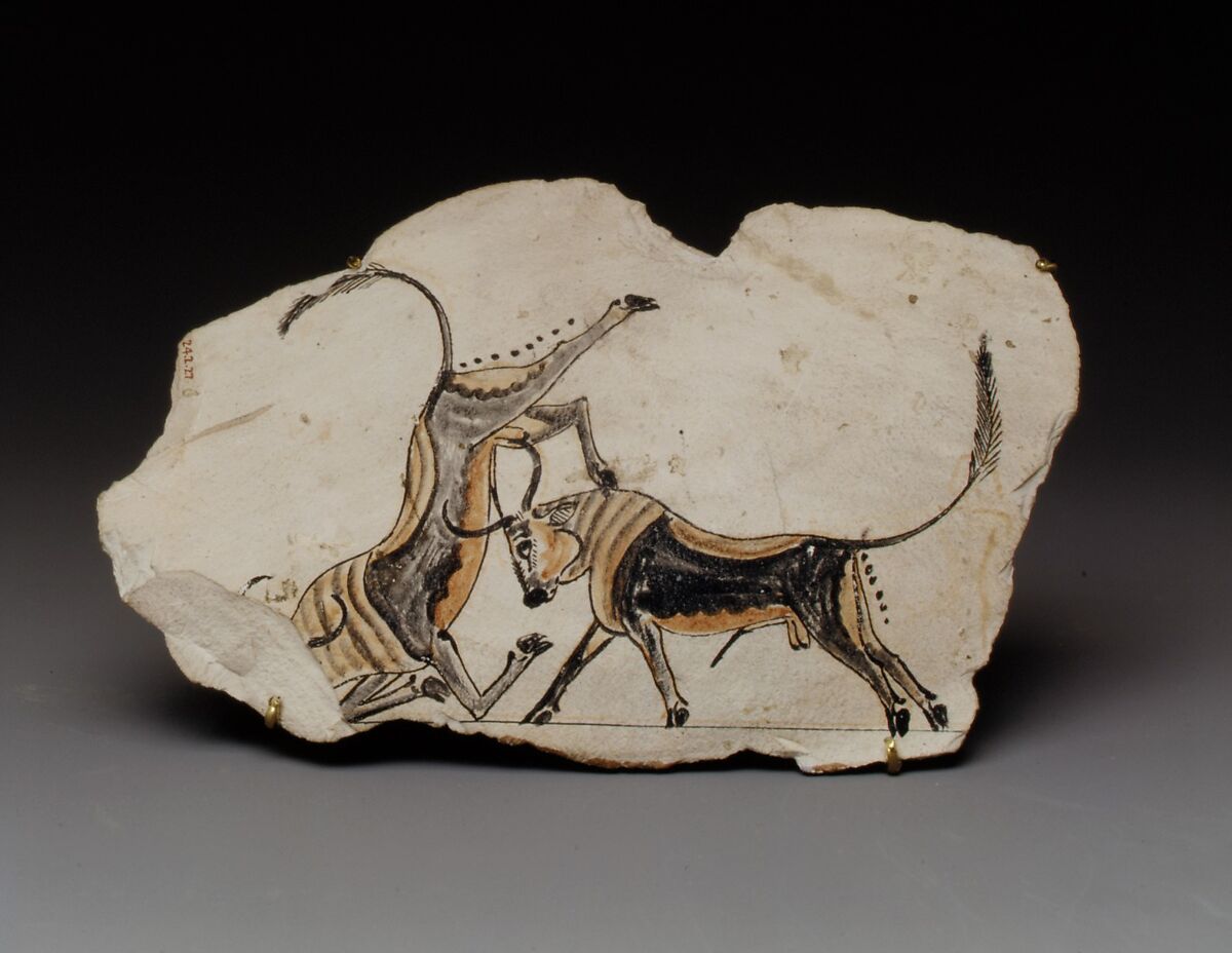 Ostracon with fighting bulls, Limestone, paint 