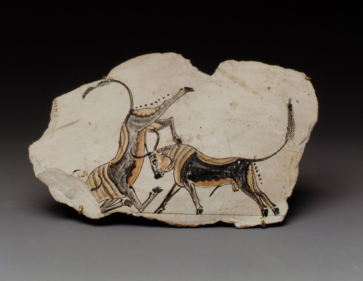 Ostracon with fighting bulls, Limestone, paint