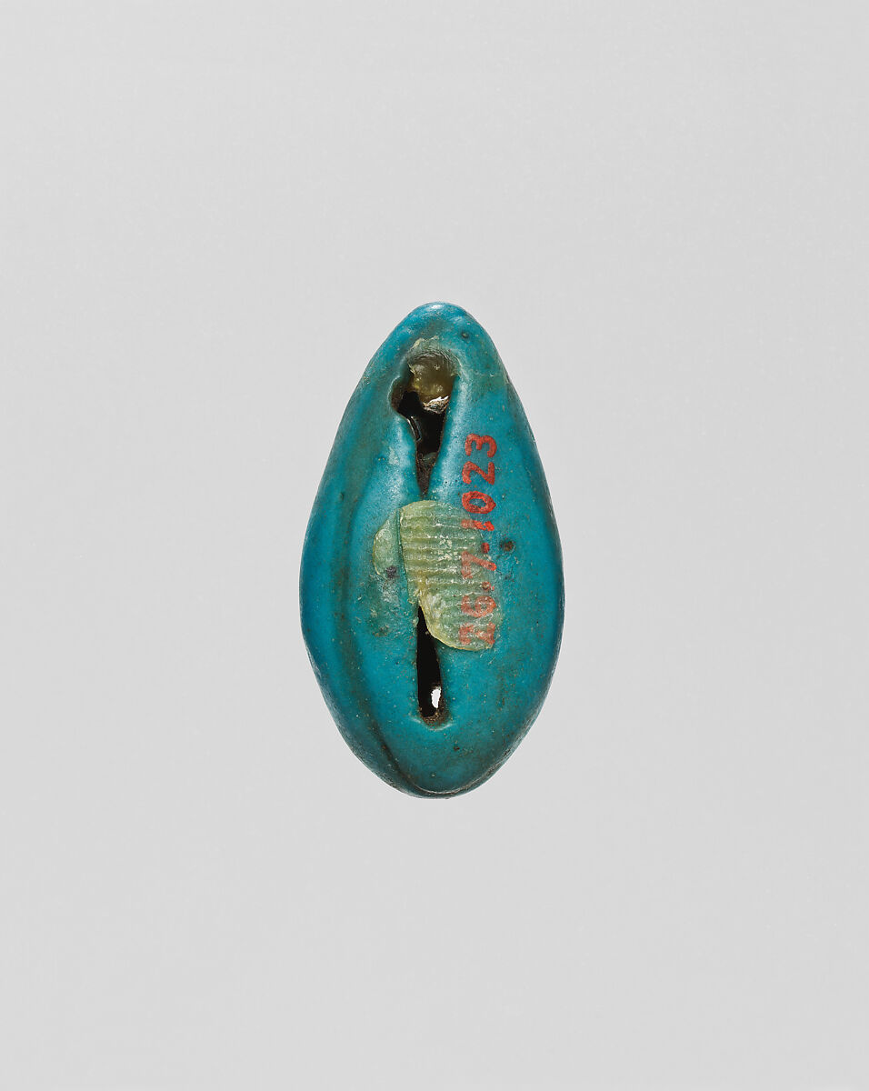 Bead with openwork design, Blue and yellow faience