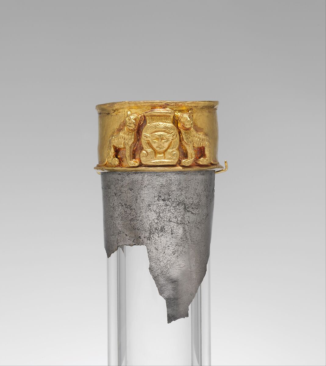 Neck from a vessel depicting the goddess Hathor flanked by felines, Silver, gold